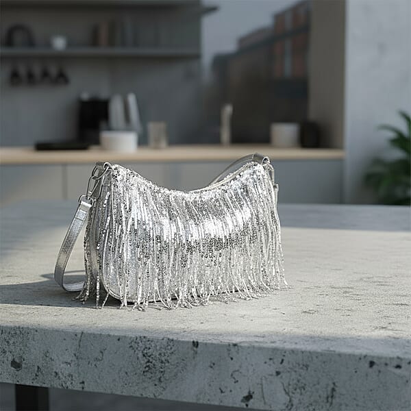 Silver Faux Leather And Sequin Timeless Fringe Crossbody Bag With Shoulder Bag