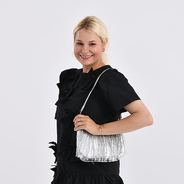 Silver Faux Leather And Sequin Timeless Fringe Crossbody Bag With Shoulder Bag