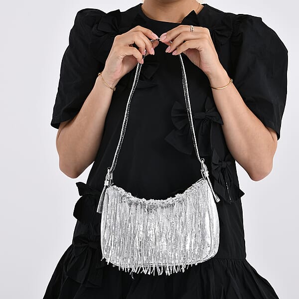 Silver Faux Leather And Sequin Timeless Fringe Crossbody Bag With Shoulder Bag