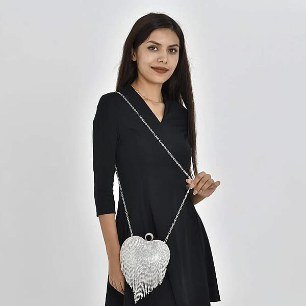 Silver Heart Shape Tassel Clutch Bag For Women With Handle And Removable Chain Strap Women Purse Designer Bags Ladies Purse Handbags For Women