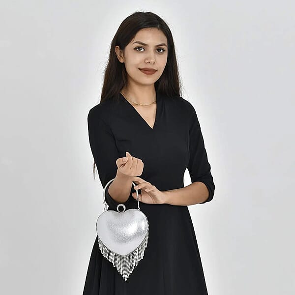 Silver Heart Shape Tassel Clutch Bag For Women With Handle And Removable Chain Strap Women Purse Designer Bags Ladies Purse Handbags For Women