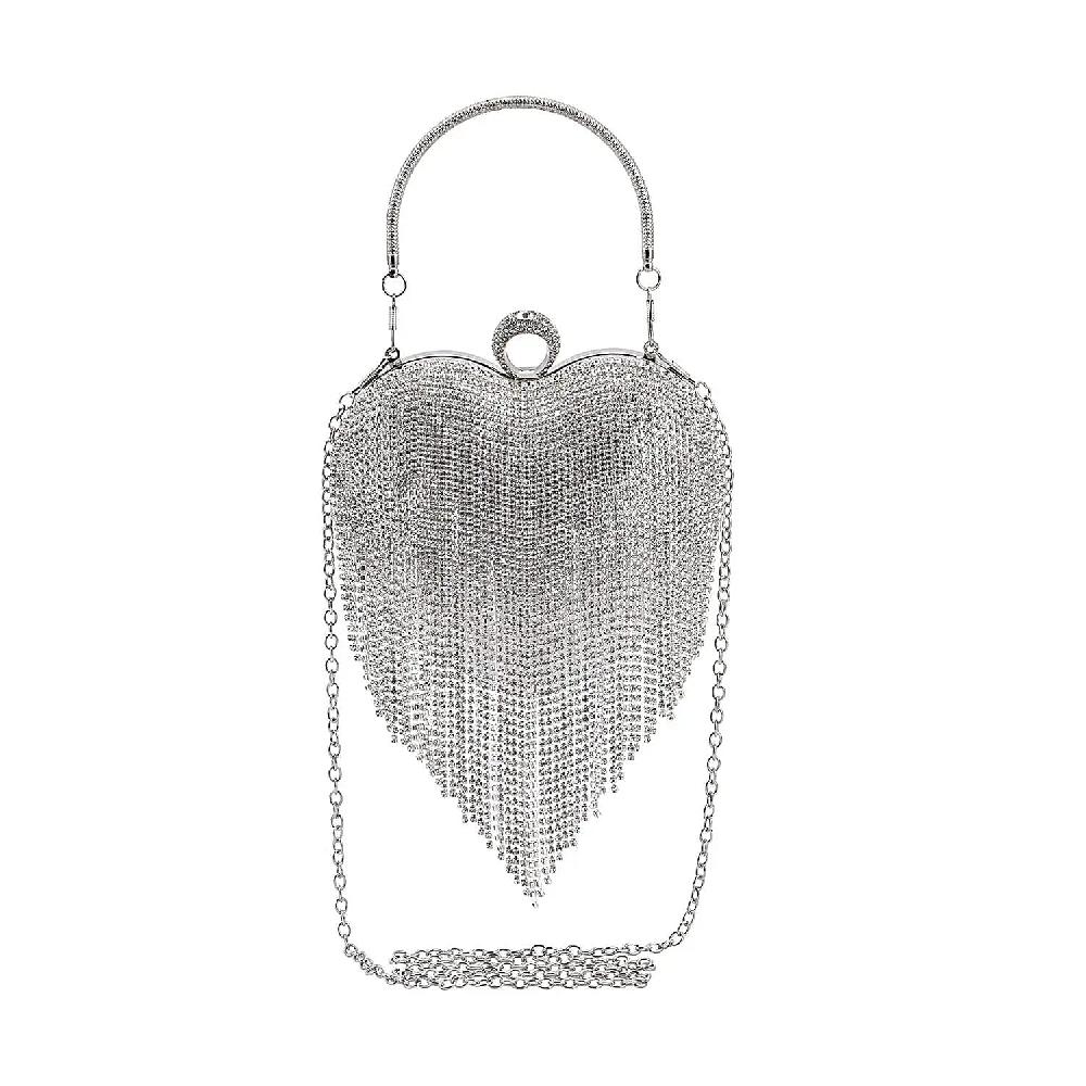 Silver Heart Shape Tassel Clutch Bag for Women with Handle and Removable Chain Strap Women Purse Designer Bags Ladies Purse Handbags for Women