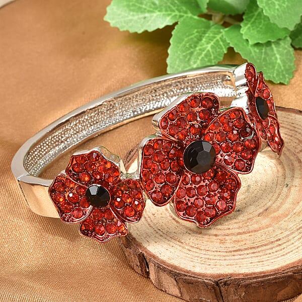 Simulated Black Pearl Red And Black Austrian Crystal Enameled Poppy Design Bangle Bracelet In Silvertone (7 In)