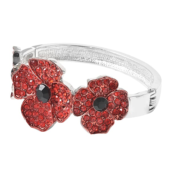 Simulated Black Pearl Red And Black Austrian Crystal Enameled Poppy Design Bangle Bracelet In Silvertone (7 In)