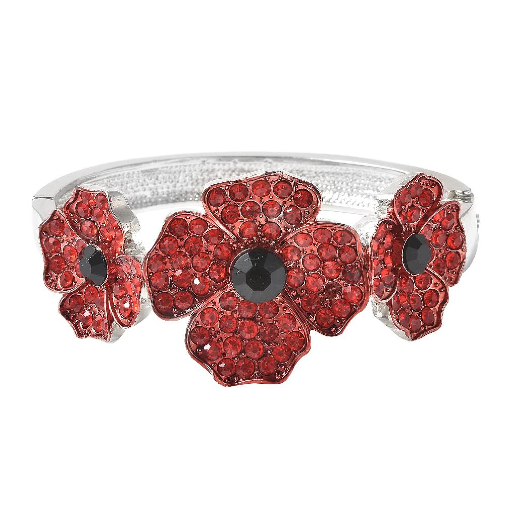 Simulated Black Pearl Red and Black Austrian Crystal Enameled Poppy Design Bangle Bracelet in Silvertone (7 in)