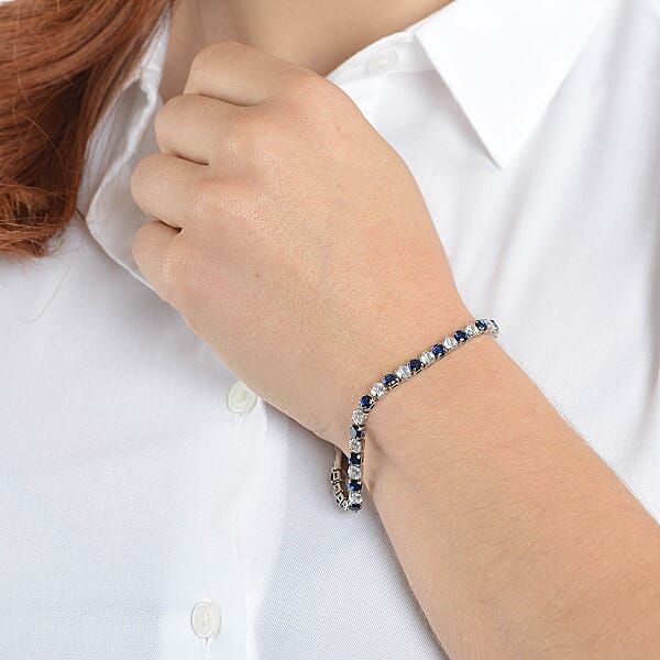 Simulated Blue And White Diamond Tennis Bracelet In Silvertone (8.00 In)