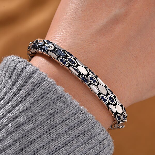Simulated Blue Diamond HexaLuxe Bangle Bracelet In Sterling Silver (7.25 In)