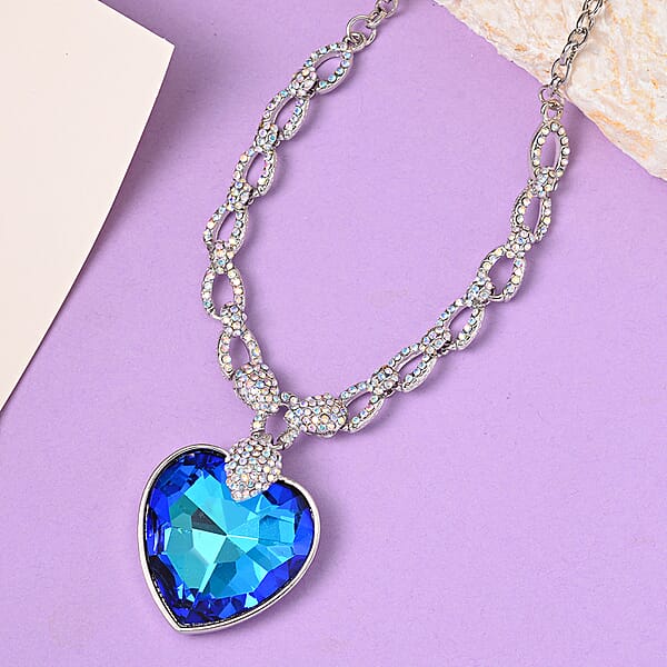 Simulated Blue Quartz And Mystic White Austrian Crystal Heart Necklace In Silvertone 20-22 Inches