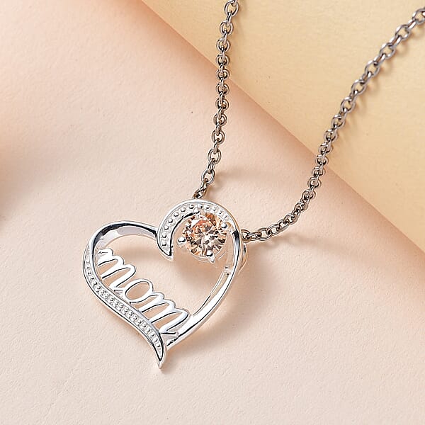 Simulated Champagne Diamond Mom Heart Pendant In Sterling Silver With Stainless Steel Necklace 20 Inches 0.80 Ctw