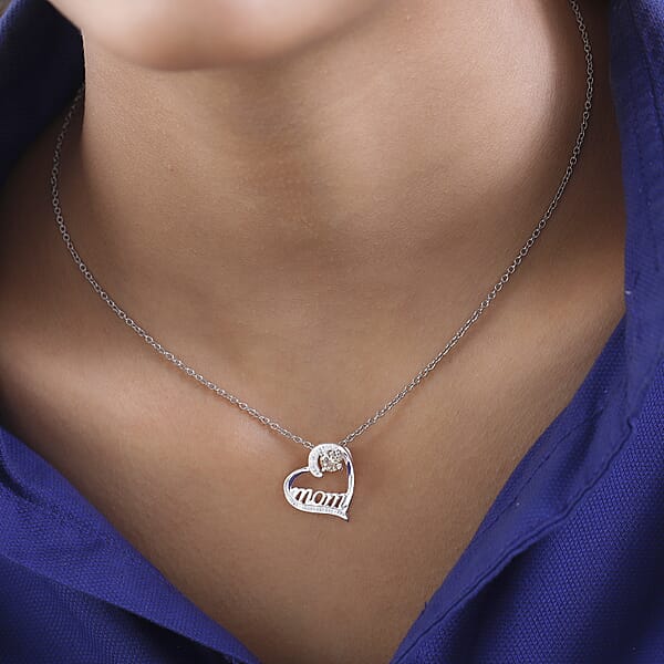 Simulated Champagne Diamond Mom Heart Pendant In Sterling Silver With Stainless Steel Necklace 20 Inches 0.80 Ctw