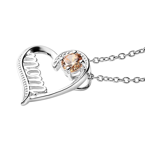 Simulated Champagne Diamond Mom Heart Pendant In Sterling Silver With Stainless Steel Necklace 20 Inches 0.80 Ctw
