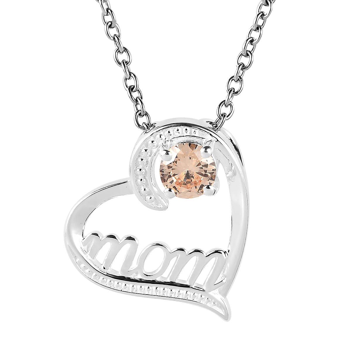 Simulated Champagne Diamond Mom Heart Pendant in Sterling Silver with Stainless Steel Necklace 20 Inches 0.80 ctw