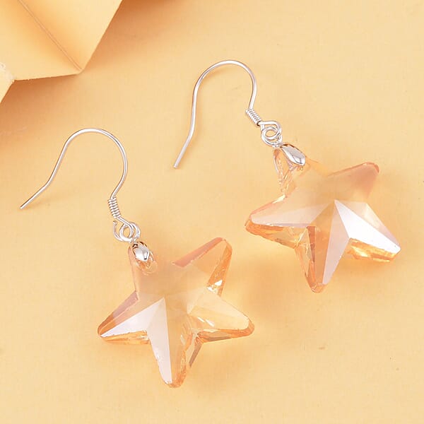 Simulated Champagne Quartz Star Earrings In Rhodium Over Sterling Silver