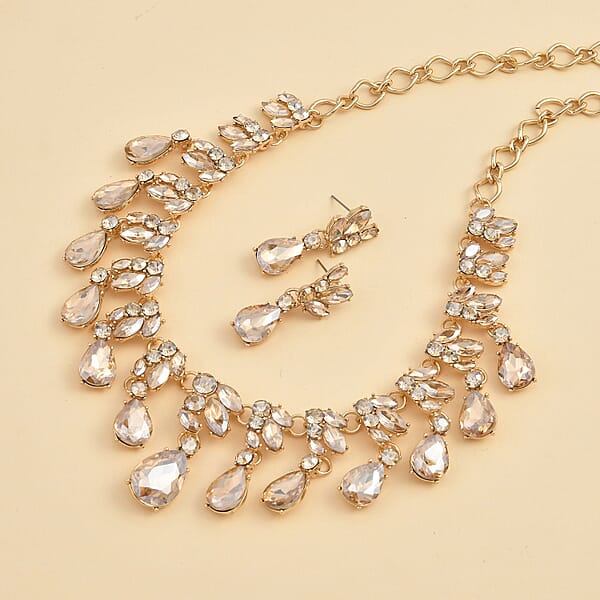 Simulated Champagne Sapphire And Champagne Austrian Crystal Earrings And Necklace 20-22 Inches In Goldtone