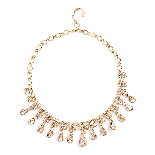 Simulated Champagne Sapphire And Champagne Austrian Crystal Earrings And Necklace 20-22 Inches In Goldtone