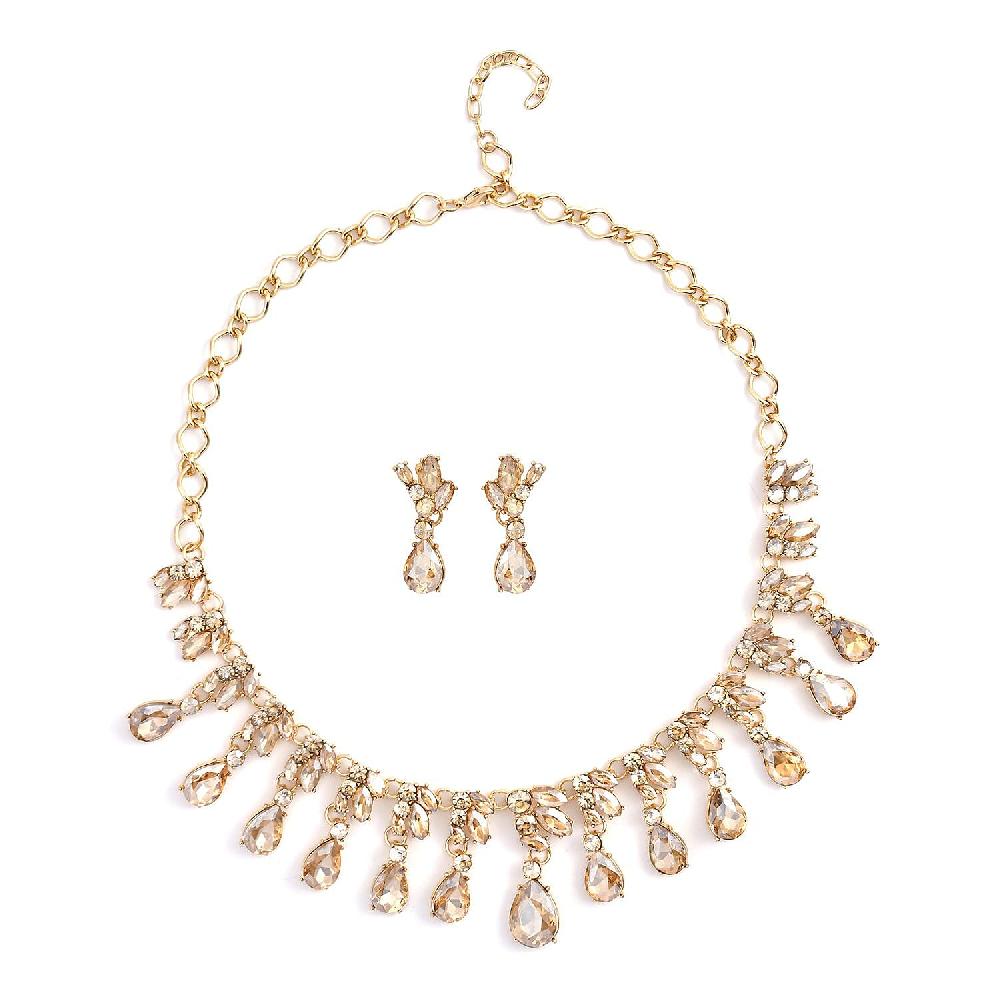 Simulated Champagne Sapphire and Champagne Austrian Crystal Earrings and Necklace 20-22 Inches in Goldtone