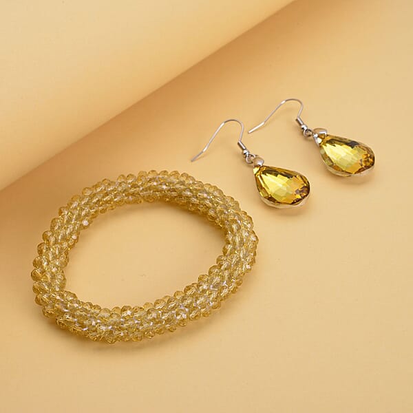 Simulated Citrine Beaded Stretch Bracelet And Drop Earrings In Silvertone