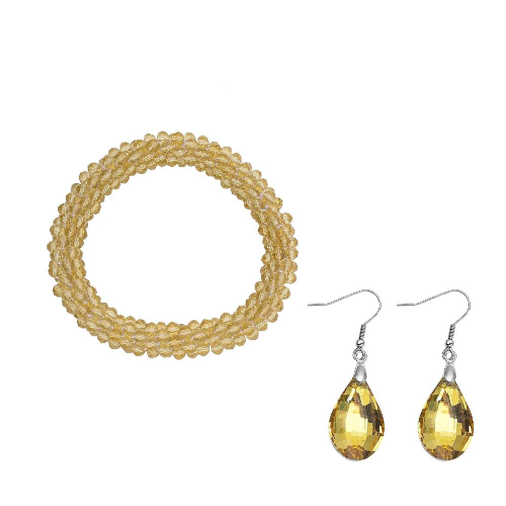 Simulated Citrine Beaded Stretch Bracelet and Drop Earrings in Silvertone