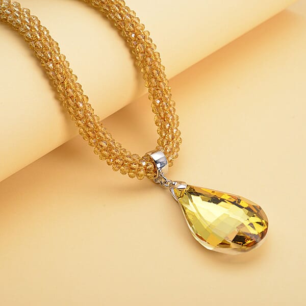 Simulated Citrine Pendant With Beaded Necklace 18-20 Inches In Silvertone