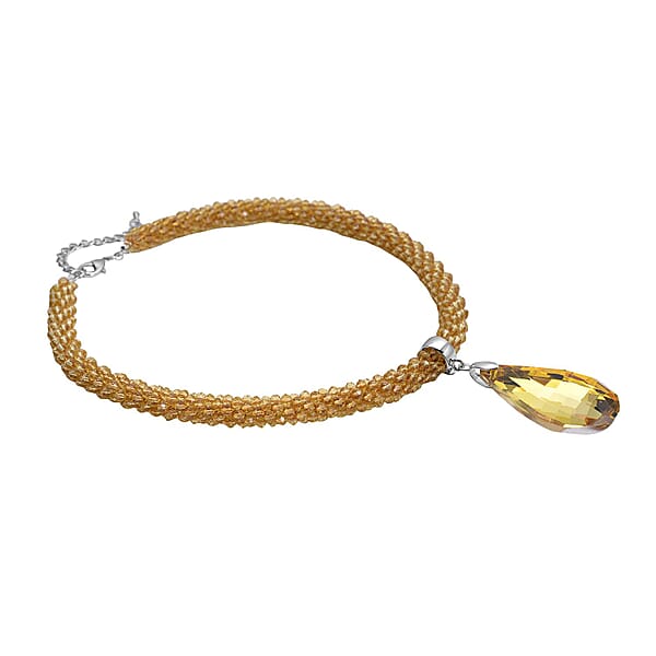 Simulated Citrine Pendant With Beaded Necklace 18-20 Inches In Silvertone