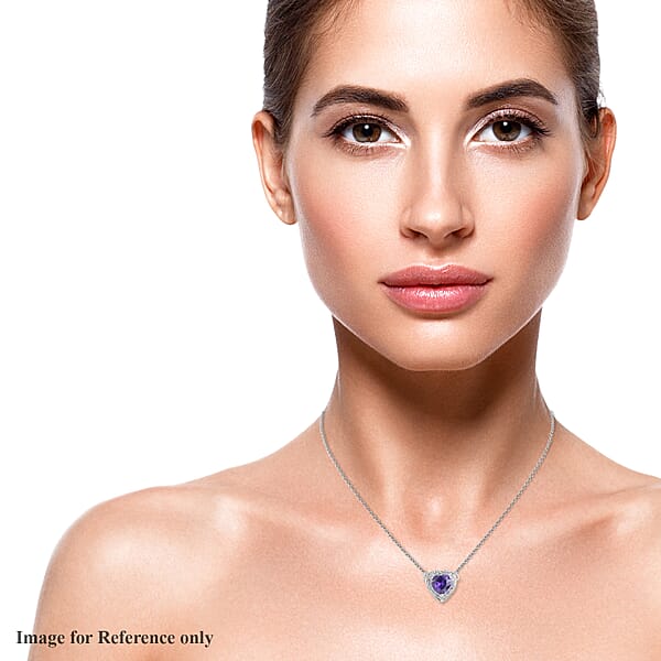 Simulated Dark Purple Diamond And Simulated Diamond 0.20 Ctw Heart Halo Necklace 18 Inches In Silvertone