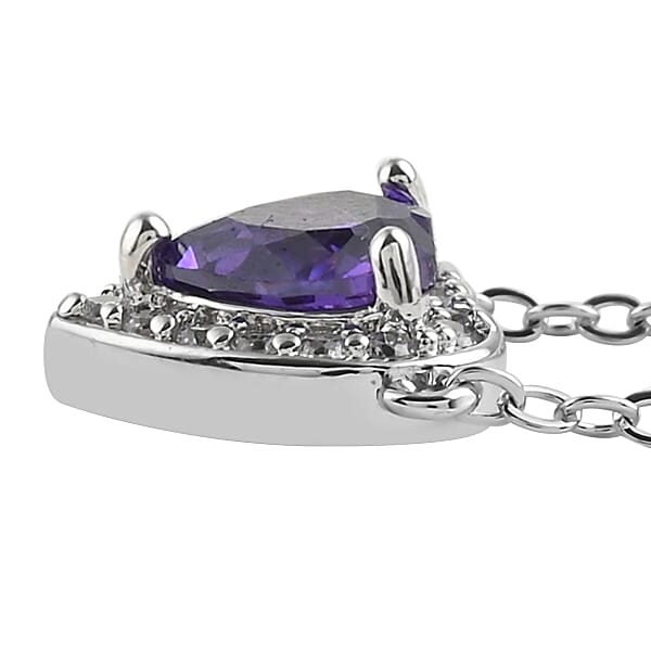 Simulated Dark Purple Diamond And Simulated Diamond 0.20 Ctw Heart Halo Necklace 18 Inches In Silvertone