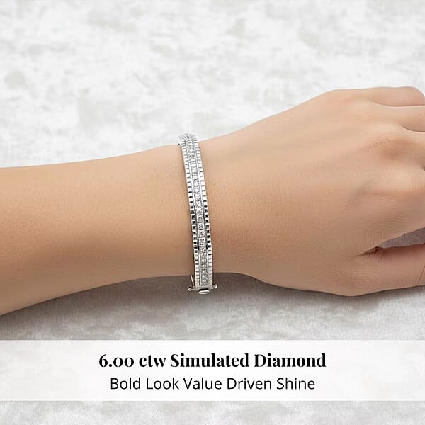 Simulated Diamond 6.00 Ctw Bangle Bracelet In Rhodium Over Sterling Silver (7.25 In)