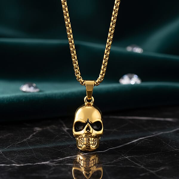 Simulated Diamond Bold Skull Pendant Necklace In ION Plated YG Stainless Steel 0.30 Ctw (20-22 Inches)