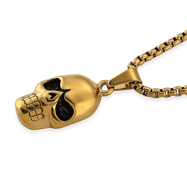 Simulated Diamond Bold Skull Pendant Necklace In ION Plated YG Stainless Steel 0.30 Ctw (20-22 Inches)