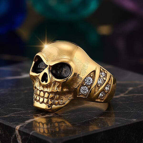 Simulated Diamond Bold Skull Ring In ION Plated YG Stainless Steel 0.30 Ctw