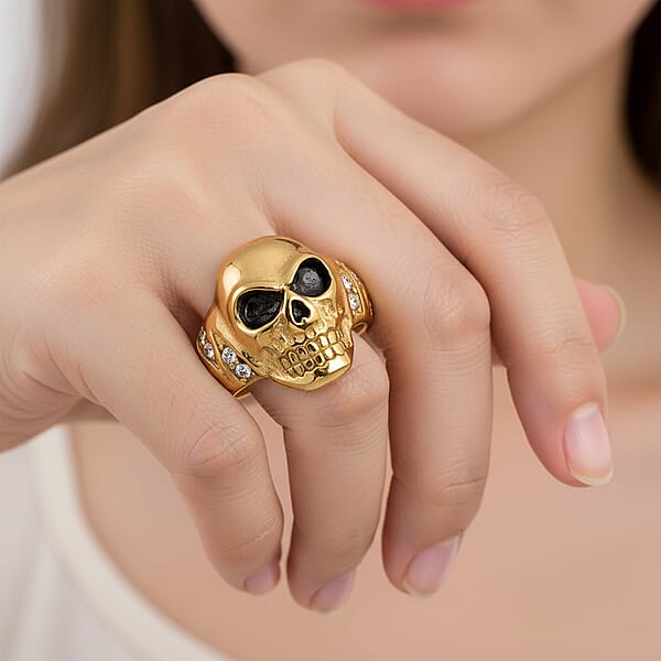 Simulated Diamond Bold Skull Ring In ION Plated YG Stainless Steel 0.30 Ctw