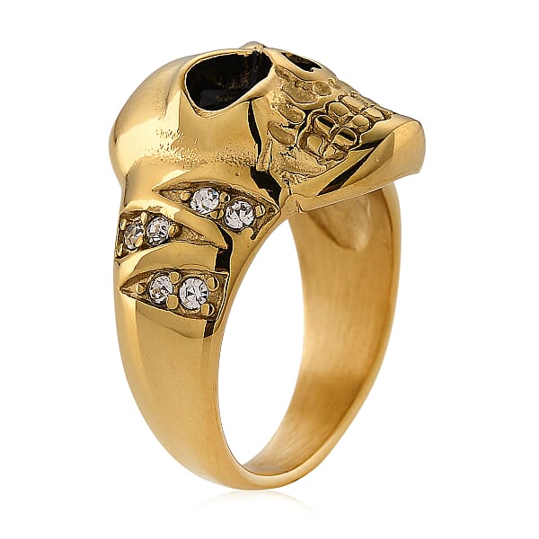 Simulated Diamond Bold Skull Ring In ION Plated YG Stainless Steel 0.30 Ctw