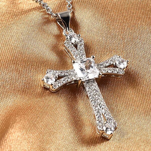 Simulated Diamond Cross Pendant In Silvertone With Stainless Steel Necklace 20 Inches