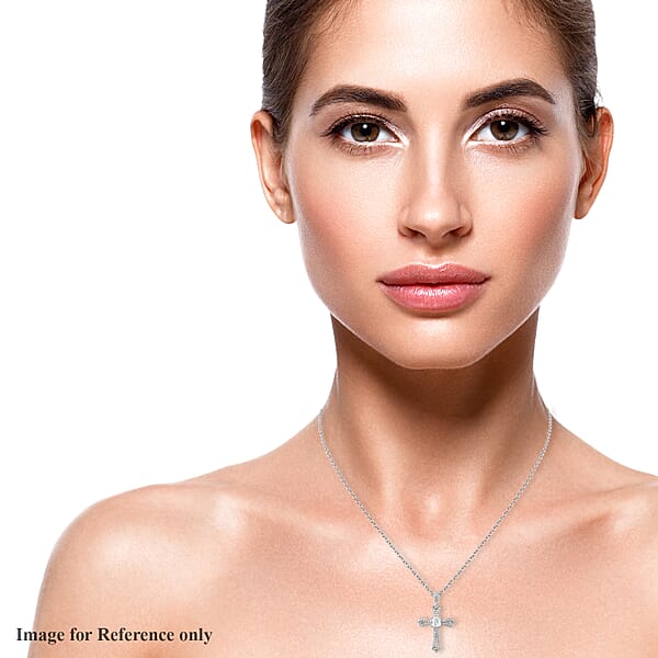 Simulated Diamond Cross Pendant In Silvertone With Stainless Steel Necklace 20 Inches