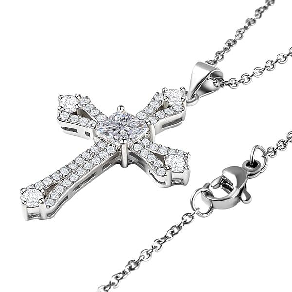 Simulated Diamond Cross Pendant In Silvertone With Stainless Steel Necklace 20 Inches