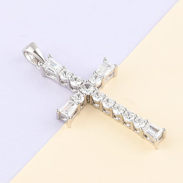 Simulated Diamond Cross Pendant Without Chain In Sterling Silver