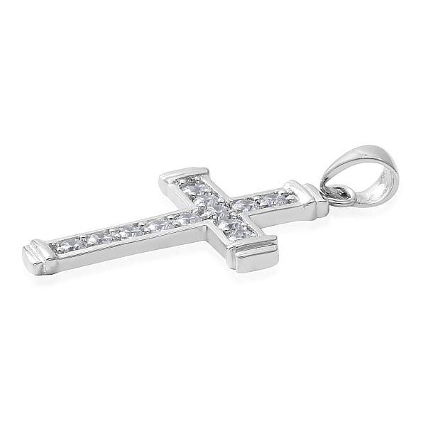 Simulated Diamond Cross Pendant Without Chain In Sterling Silver