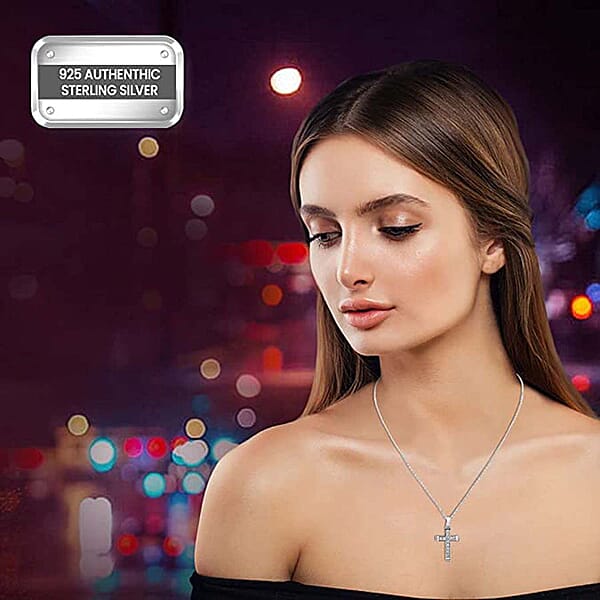 Simulated Diamond Cross Pendant Without Chain In Sterling Silver