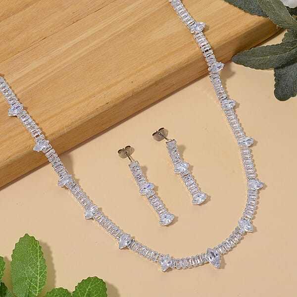Simulated Diamond Designer Style Everyday Luxury Set Necklace 20 Inches And Earrings In Silvertone