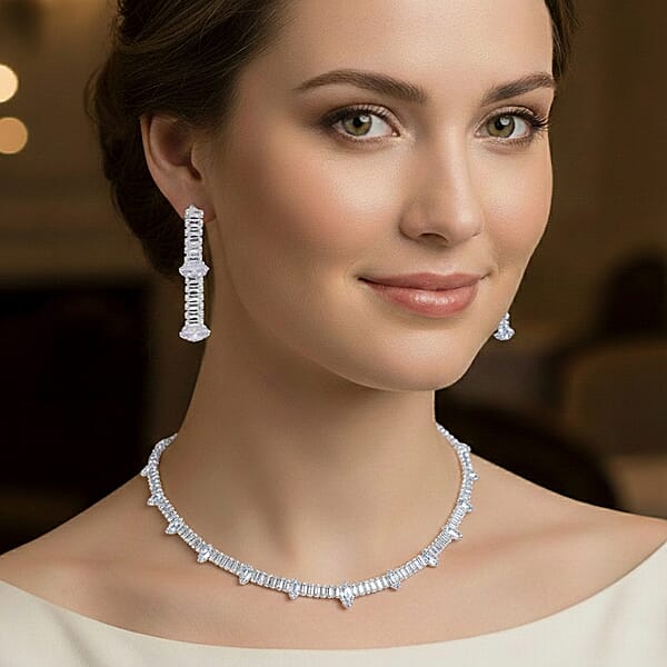 Simulated Diamond Designer Style Everyday Luxury Set Necklace 20 Inches And Earrings In Silvertone