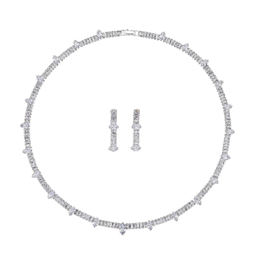 Simulated Diamond Designer Style Everyday Luxury Set Necklace 20 Inches and Earrings in Silvertone