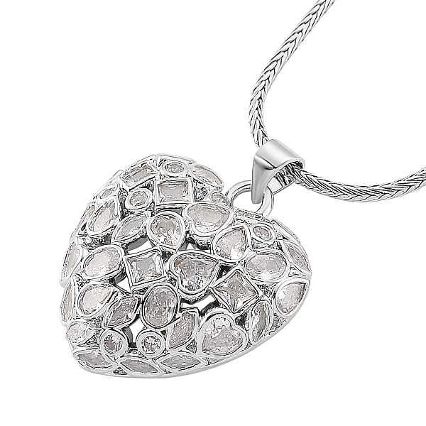 Simulated Diamond Heart Pendant Necklace In Silvertone 20-21.5 Inches