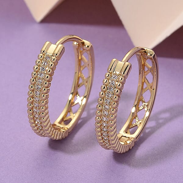 Simulated Diamond Lustre Bead Hoop Earrings In Goldtone