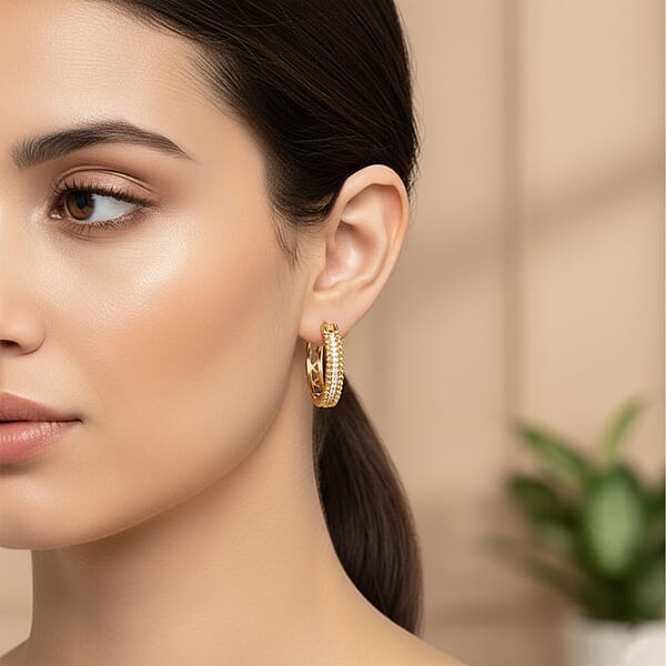 Simulated Diamond Lustre Bead Hoop Earrings In Goldtone