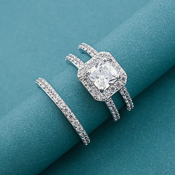 Simulated Diamond Set Of 2 Stackable Ring In Silvertone