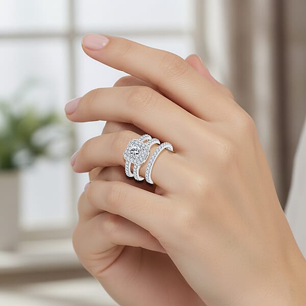 Simulated Diamond Set Of 2 Stackable Ring In Silvertone