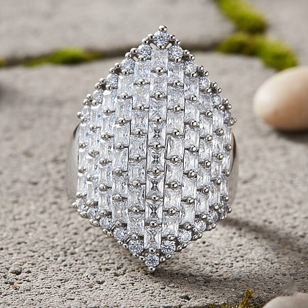 Simulated Diamond Statement Ring In Silvertone