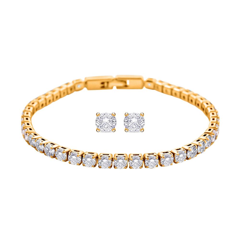 Simulated Diamond Tennis Bracelet (7.00 In) and Stud Earrings in Goldtone