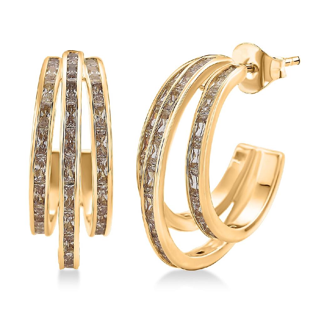Simulated Diamond Three-Row Brilliance Hoop Earrings in Goldtone