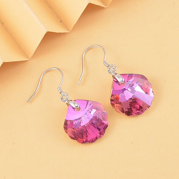 Simulated Fuchsia Color Quartz Earrings In Rhodium Over Sterling Silver